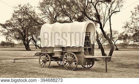 Old Wild West Covered Wagon In Texas With Mesquite Trees In Sepia Black And White.