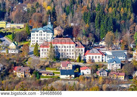 Aerial View Of Main Administrative Buildings Of Tanvald Town, Czech Republic