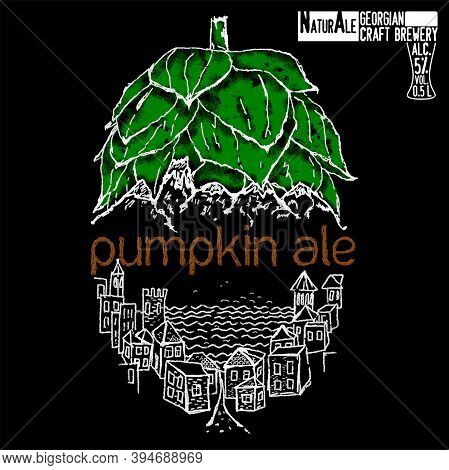 The Label Georgia Craft Beer. The Graphic Illustration With The Hop, Old City, Mountains, The Sea On
