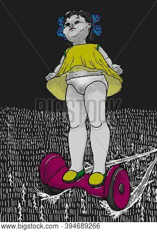 Toys At Different Times. The Gigantic Old Doll Rides On A New Gyro Board.