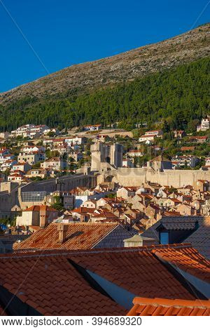 Vertical Shot Of The Rooftops In The Old City Of Dubrovnik ,seen While Walking Along The City Walls.