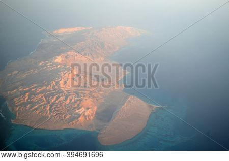 View from the airplane window of the mountains and sea resort of Egypt, Sharm El Sheikh.Flight from Kiev