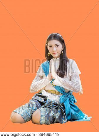 Asian Woman With Thai Modern Vintage Tradition Dress In Greeting Action Call 