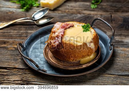 Bun With Delicious Hot Cream Soup With Bacon. Rustic Style, Delicious Food.