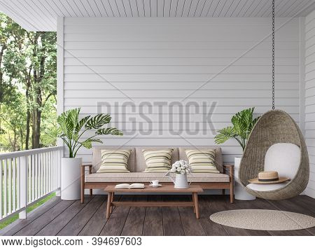 Vintage Terrace With Nature View 3d Render, There Are Old Wooden Floor And White Plank Wall,decorate