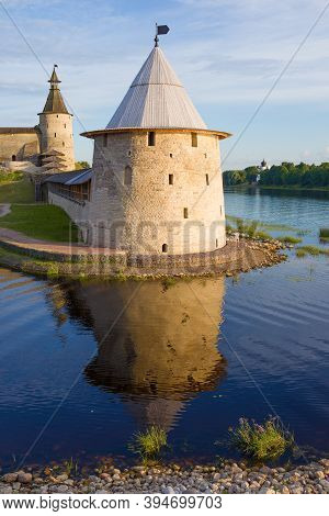 Flat Tower Close-up On A Warm July Evening. Pskov, Russia