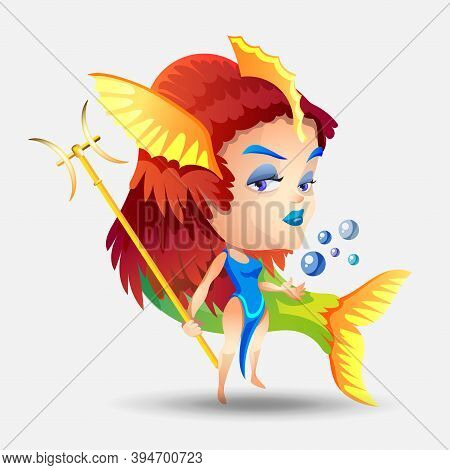 Zodiac Signs - Taurus. Colored Vector Illustration. Taurus Funny Cute Cartoon Character. Pisces Girl