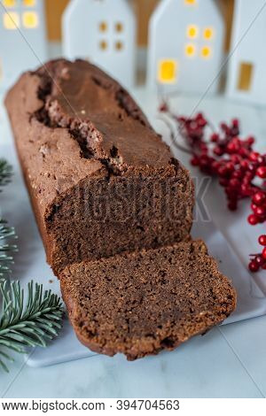 Sweet Chocolate Gingerbread Cake On Festive Background