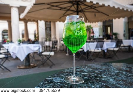 Padua, Italy - August 16 2020: Aperitivo Green Spritz P31 At Caffe Pedrocchi On A Table