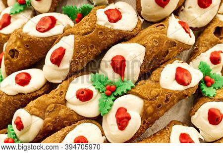 Assortment Of Sicilian Cannoli With Ricotta Cheese. Cannolo Siciliano, Symbol Of Sicily. Traditional