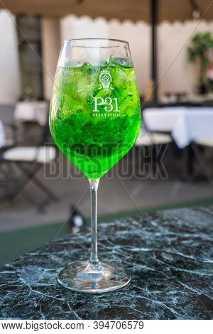 Padua, Italy - August 16 2020: Aperitivo Green Spritz P31 At Caffe Pedrocchi On A Table