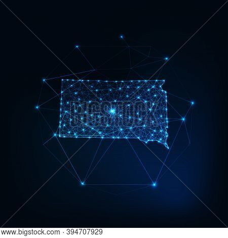 South Dakota State Usa Glowin Gmap Made Of Stars Lines Dots Triangles, Low Polygonal Shapes.