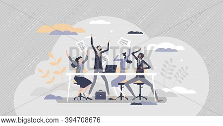 Hr Happy Employees As Cheerful Friday Mood In Work Office Tiny Person Concept. Successful Business P