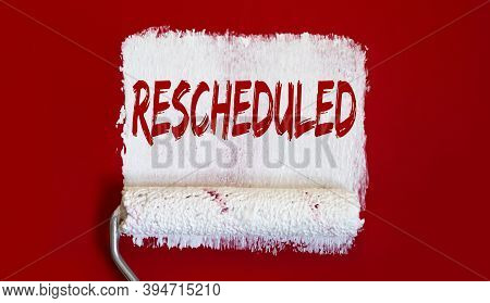 Rescheduled .one Open Can Of Paint With White Brush On Red Background.