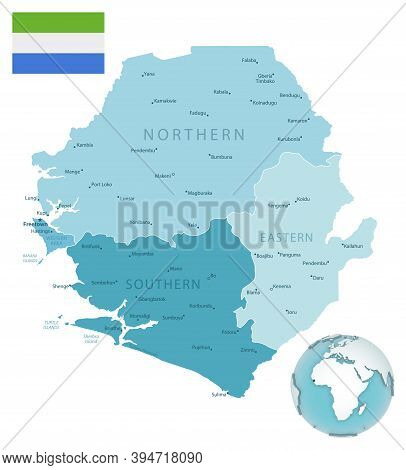 Sierra Leone Administrative Blue-green Map With Country Flag And Location On A Globe.