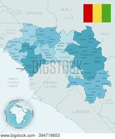 Blue-green Detailed Map Of Guinea Administrative Divisions With Country Flag And Location On The Glo