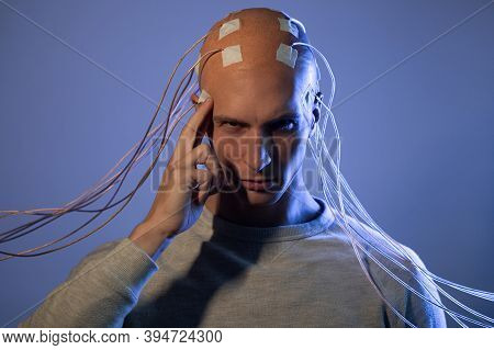 Neurointerface, Brain - Computer Communication. Transhumanism Concept Of A Futuristic Person Connect