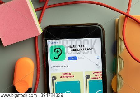 New York, United States - 7 November 2020: Hearing Aid Amp App Store Logo On Phone Screen, Illustrat