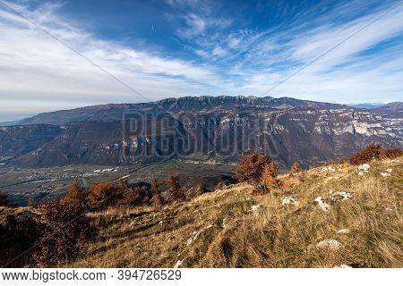 Aerial View Of The Adige Valle And The Monte Baldo (baldo Mountain) From The Mountain Peak Of Corno 