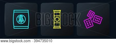 Set Line Hard Bread Chucks Crackers, Cracker Biscuit And Chocolate Bar. Black Square Button. Vector
