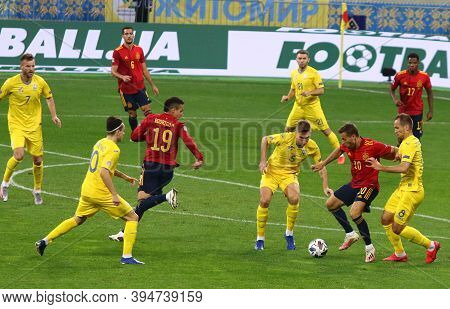 Kyiv, Ukraine - October 13, 2020: Ukrainian (in Yellow) And Spanish Players Fight For A Ball During 