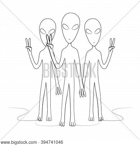 A Group Of Aliens Shows A Peace Sign. Isolated Stock Vector Illustration.