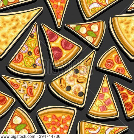Vector Pizza Seamless Pattern, Square Repeating Pizza Background, Group Of Cut Out Illustrations Of 