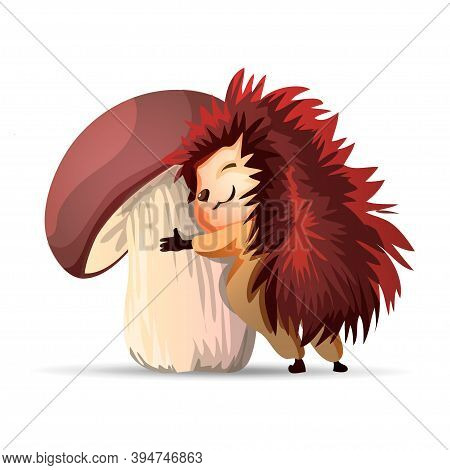 Vector Hedgehog.cute Hedgehog Hugs A Big White Mushroom. Hedgehogs Vector Illustration. Cartoon Char
