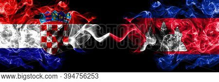 Croatia, Croatian Vs Cambodia, Cambodian, Khmer Smoky Mystic Flags Placed Side By Side. Thick Colore