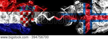 Croatia, Croatian Vs Faroe Islands, Faroese Smoky Mystic Flags Placed Side By Side. Thick Colored Si