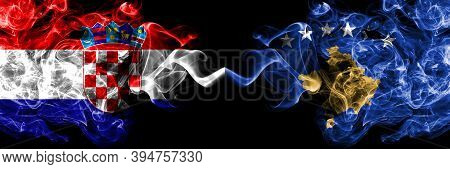 Croatia, Croatian Vs Kosovo, Kosovar Smoky Mystic Flags Placed Side By Side. Thick Colored Silky Abs