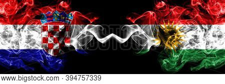 Croatia, Croatian Vs Kurdistan, Kurdish, Kurds Smoky Mystic Flags Placed Side By Side. Thick Colored