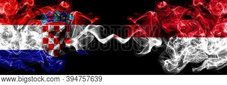 Croatia, Croatian Vs Monaco, Monacan Smoky Mystic Flags Placed Side By Side. Thick Colored Silky Abs