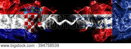 Croatia, Croatian Vs Tuamotu Archipelago Smoky Mystic Flags Placed Side By Side. Thick Colored Silky