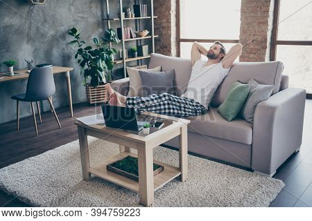 Full Size Photo Of Satisfied Manager Man Work Remote Done Start-up Development Progress Report Rest 