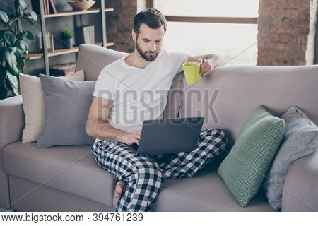 Photo Of Concentrated Marketer Lawyer Man Sit Divan Hold Caffeine Beverage Mug Work Distance Laptop 