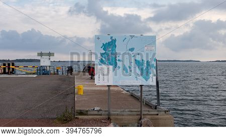 Finland, Aland Islands, Brando Island, August 2019: Advertising Box With Ferry Route Through The Nei