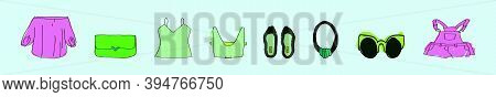 Set Of Women Clothing And Accessories. Cartoon Icon Design Template With Various Models. Modern Vect