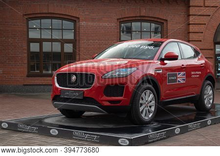 Russia, St. Petersburg, February 2020: Premium Suv Jaguar E-pace Stands On The Podium Of An Omega Pr