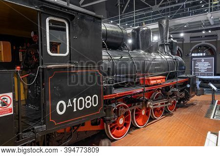St. Petersburg, Russia, February 2020: Russian State Museum Of Steam Locomotives. Large Commodity Lo