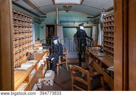 St. Petersburg, Russia, February 2020: Russian State Museum Of Steam Locomotives. Models Of Postmen 