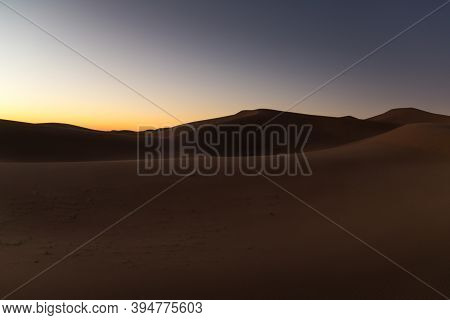 Huge Desert Dune At Erg Chigaga, Sahara. Morocco. Concept Of Travel And Adventure.morocco. Concept O