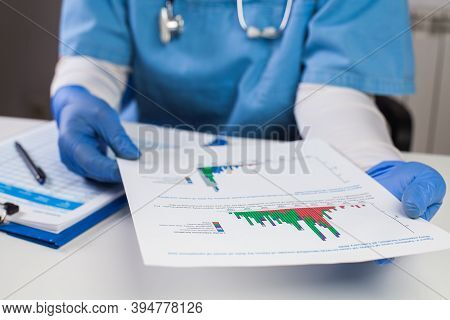 Doctor Wearing Protective Gloves Holding Document Chart,analyzing Covid-19 Graph Data,coronavirus Gl