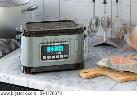 Sous Vide Machine On The Kitchen Table. 3d Rendering