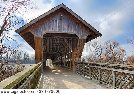 Antique Wooden Covered Bridge In Guelph Ontario.