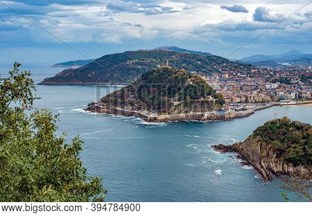 SPAIN, SAN SEBASTIAN, OKT, 22, 2020 -Aerial view of San Sebastian, Spain on a beautiful autumn day