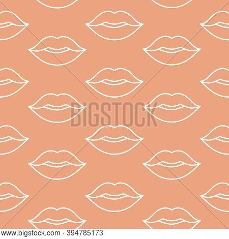 Lipstick Kiss Marks Seamless Pattern On A Nude Background. Romantic Background For Valentine's Day C