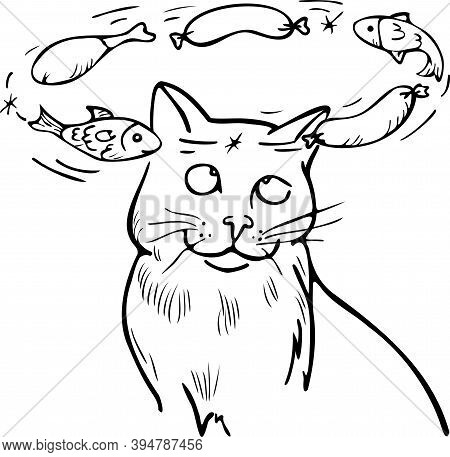 Vector Illustration Dizzy Cat Dreaming About Delicacies - Fish, Sausages, Chicken. Funny Cartoon Sty