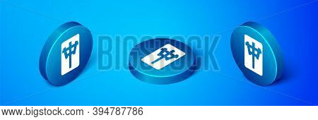 Isometric Mahjong Pieces Icon Isolated On Blue Background. Chinese Mahjong Red Dragon Game Emoji. Bl