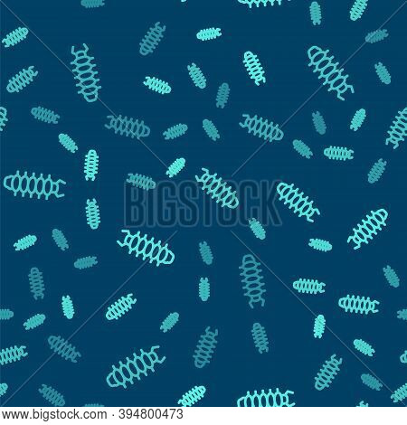 Green Line Centipede Insect Icon Isolated Seamless Pattern On Blue Background. Vector